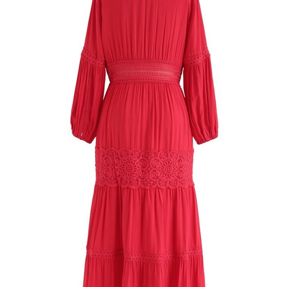 CHICWISH Button Down Crochet Embroidered Boho Maxi Dress in Red, size S - Picture 4 of 8